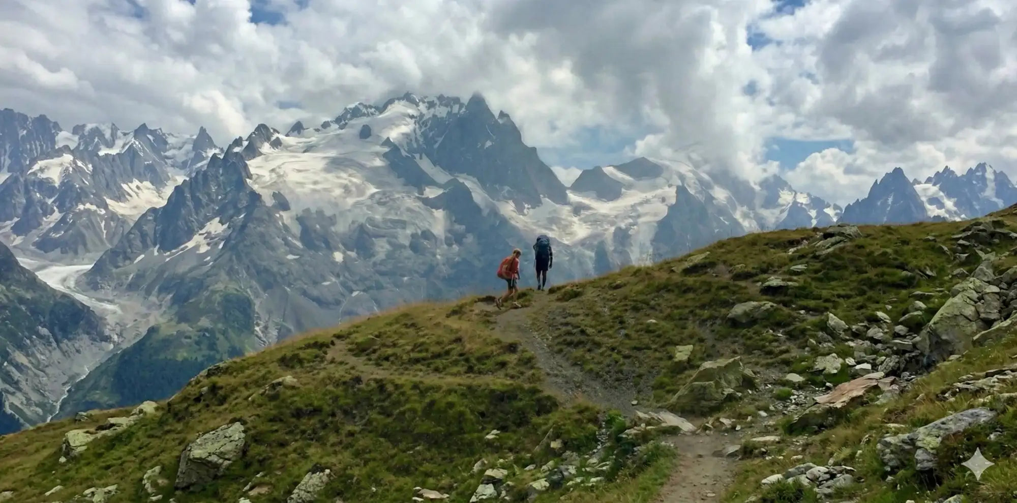 Two hikers stand on a grassy mountain trail, one in red and the other in dark blue gear.