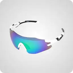 White-framed sports sunglasses with iridescent blue and green mirrored lenses.