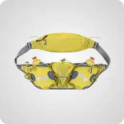 Yellow running belt with gray straps and playful duck pattern.